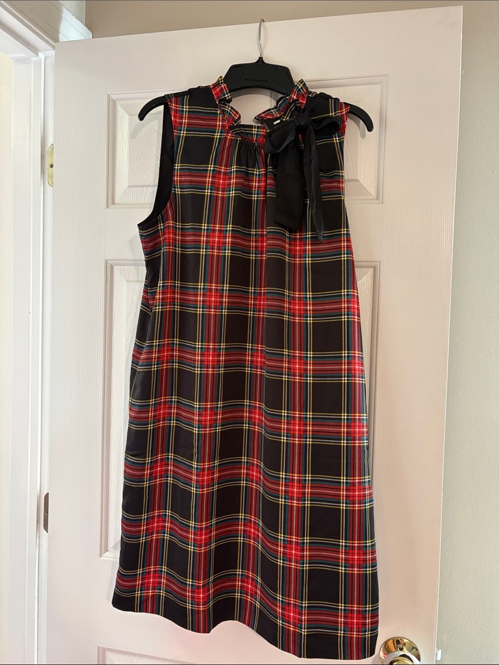 J. Crew Factory Sleeveless Black and Red Plaid Bow-Neck Dress